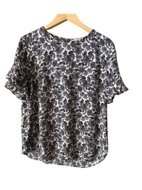 LOFT Floral Blouse Womens Medium Black White Ruffle Sleeve Top Casual